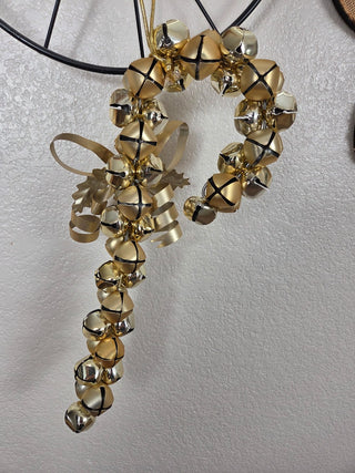 Gold Metal Sleigh Bells Candy Cane, RCD|124591