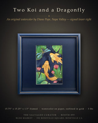 Original Watercolor by Napa Valley Artist Diane Pope – Framed Golden Koi & Dragonfly