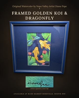 Original Watercolor by Napa Valley Artist Diane Pope – Framed Golden Koi & Dragonfly