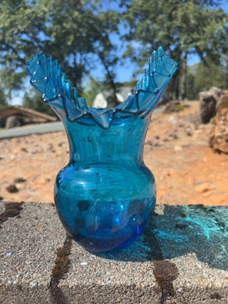 8” vintage Blenko Art Glass vase Azure Blue ruffled or crimped top edge