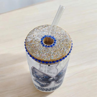 Glass Cup with Bamboo Lid and Straw 16 0z: Blue Rhinestone Cowboys RSV|69345