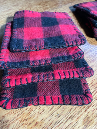 Handmade Red Flannel Embroidered Coasters (4)