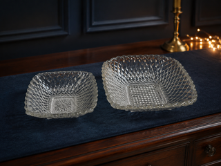 Set of 2 Vintage Clear Pressed Glass Square Diamond Point Wexford Candy Dishes
