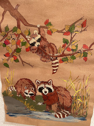 16.5"x12" Orig. Art on Leather Wall Hanging, Raccoons--SP MTS