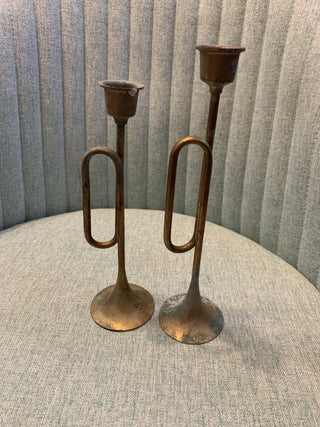Pair of SM Brass French Horn Candlesticks