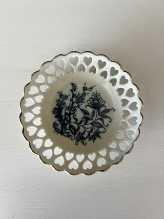 Vintage blue and white heart punched trinket dish RSV|96822