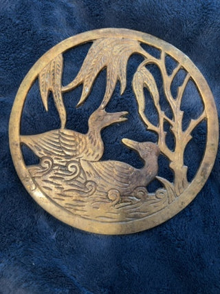 vintage solid brass trivet ducks near willow trees