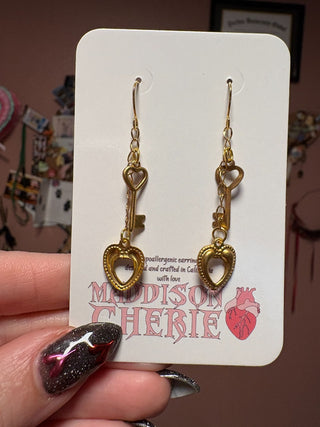Gold (brass) Key and Heart Chain Earrings MTS
