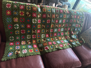 Crochet green based afghan, granny square lap blanket decorative couch throw colorful cotton napping blanket retro homemade #62 VV MTS|103507