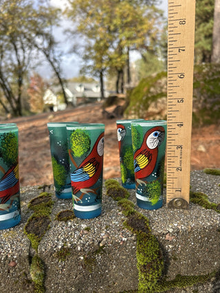 12F GCC JP VNTG Mexican TEQUILA DECANTER 6 Shot Parrot Glass Set Metal Rack Hand Painted MTS|133738