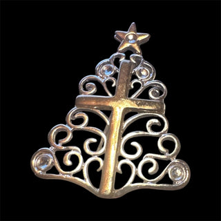 Vintage Tow Tone Christmas Tree Brooch w/Cross Jesus Lapel #62 VV MTS|133887