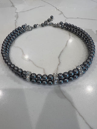 Black faux pearl choker w/rhinestone accents MTS|47319