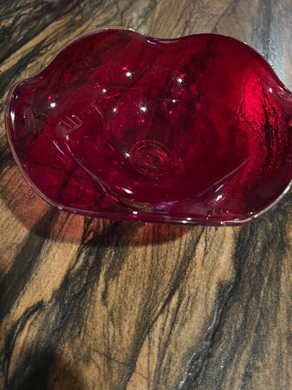 Footed Ruby Red Glass Scalloped Bowl. RSV|125093