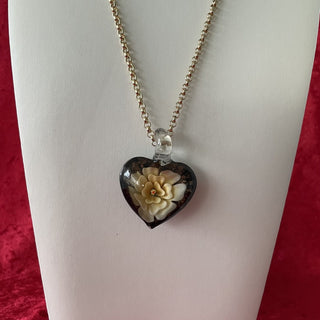 chain necklace, glass heart w/ ivory flower design RSV