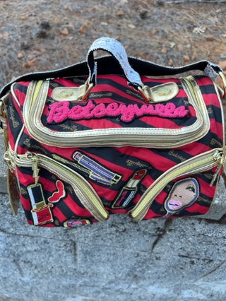 JP Betsey Johnson Betseyville makeup patch handbag featuring beauty-themed embroidered patches