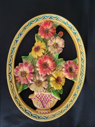 Vintage 11-1/2" Oval Chalk Ware Flowers Wall Plaque RCD