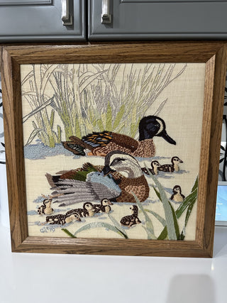 Framed Crewel Embroidery Duck Family 1979 MTS|116070