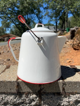 Vintage Extra-Large Enamel Ware Cowboy Coffee Pot Kettle Large Cowboy Camp Fire White Red