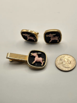 Vintage Hickok Cufflinks Tie Bar Pink Donkey RSV