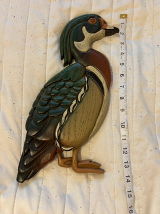 JP hand-painted wooden wall-hanging carving of a wood duck drake
