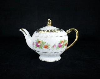 Vintage Fine Porcelain Teapot, Roses, Gold Gilding, & Swirled Design MTS (B3)|61746