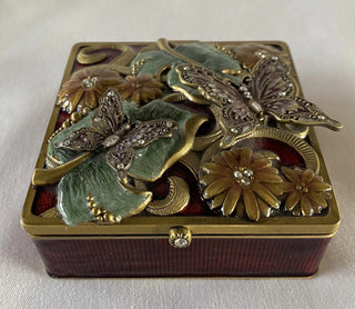 Jeweled Enamel Rhinestone Butterfly Floral Jewelry  Trinket Box with Mirror 4" square #62 VV MTS