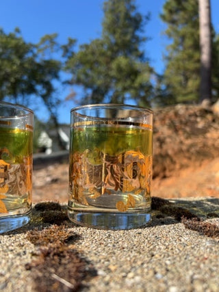 SET OF 5 Mid Century Neiman Marcus Barware Green & Gold Leaf Cocktail Rocks Glasses