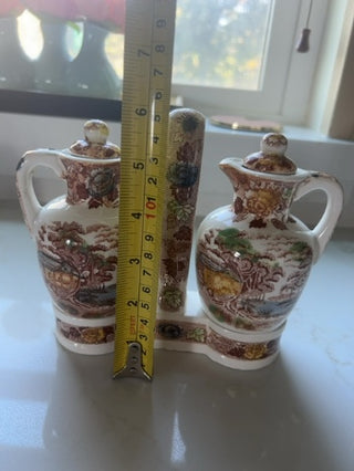 Vintage 3 Pc. Set Nasco Mountain Wood-Land Vinager and Oil Cruet w/ Stand