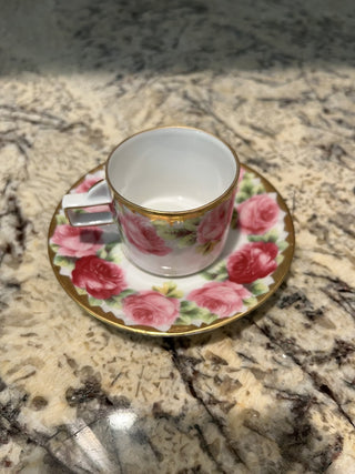 Vintage Pink Roses Gold Trim Demitasse Turkish Coffee / Espresso Cup & Saucer (54) RCD