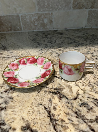 Vintage Pink Roses Gold Trim Demitasse Turkish Coffee / Espresso Cup & Saucer (54) RCD