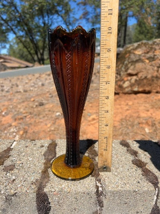 Vintage Tiara Indiana Glass Amber Zipper Ribbon Trumpet Vase Pedestal 10”
