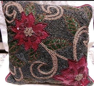 Gorgeous Pier 1 Christmas Glass Beaded, Sequins Poinsettia's Pillow 11" X 11" #47 VV MTS|129489