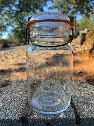 7.5” vintage clear glass Ball Ideal Mason Jar featuring a 1908 patent date