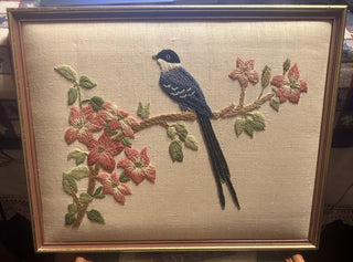 Vintage 80's Framed Hand stitched Crewel Embroidery Blue bird in Tree Blossom #62 VV MTS