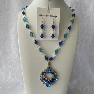 necklace & earrings set, blue & clear beads RSV