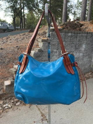 Vintage Dooney & Bourke sky blue patent leather satchel