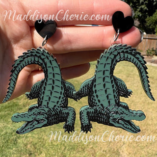 Large Green Crocodile Earrings Heart Post MTS