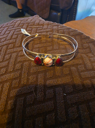 Sterling 3 stone rose red dahlia cuff bracelet
