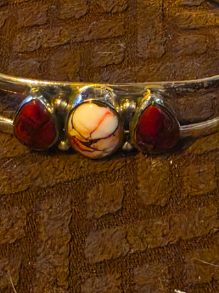 Sterling 3 stone rose red dahlia cuff bracelet
