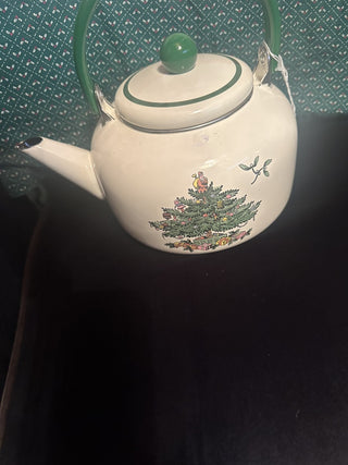 Spode Christmas Tree Whistling Tea Kettle Pot Pocelain Enamel 2.2 quart, Vintage Christmas Tea Pot #62 VV MTS|131356