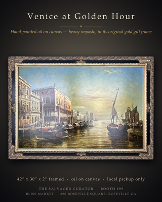 Large Venetian Canal Oil Painting, Doge's Palace at Golden Hour — Heavy Impasto, Gold Gilt Frame, 42 x 30