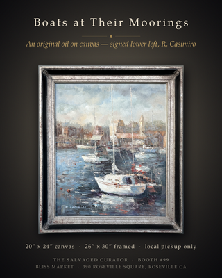 Large Original Oil Painting, Harbor at Morning — Signed R. Casimiro, 20 x 24 Canvas, Silver Gilt Frame