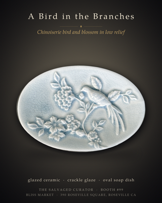 Vintage Blue Crackle Glaze Ceramic Soap Dish – Chinoiserie Bird & Floral Relief