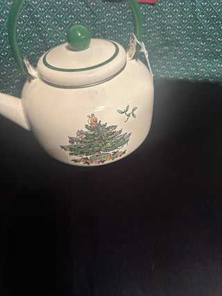 Spode Christmas Tree Whistling Tea Kettle Pot Pocelain Enamel 2.2 quart, Vintage Christmas Tea Pot #62 VV MTS|131357
