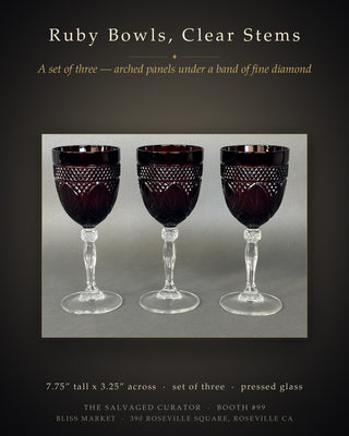 Set of 3 Ruby Red Pressed Glass Wine Goblets with Clear Knopped Stems, 7.75”