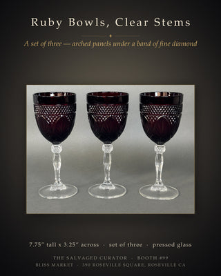 Set of 3 Ruby Red Pressed Glass Wine Goblets with Clear Knopped Stems, 7.75”