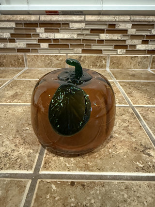 Hand Blown Art Glass Pumpkin & Stem 4” Amber Gold Harvest Fall Decor RCD|112766
