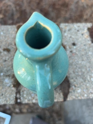 VINTAGE SEA GREEN POTTERY PITCHER STYLE VASE, Zanesville 8" Oil & VINEGAR, CRUET