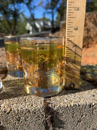 SET OF 5 Mid Century Neiman Marcus Barware Green & Gold Leaf Cocktail Rocks Glasses