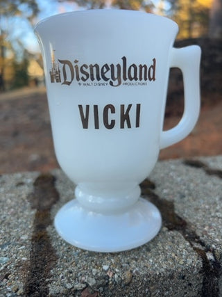 vintage Disneyland milk glass pedestal mug with the name "Vicki”  in gold